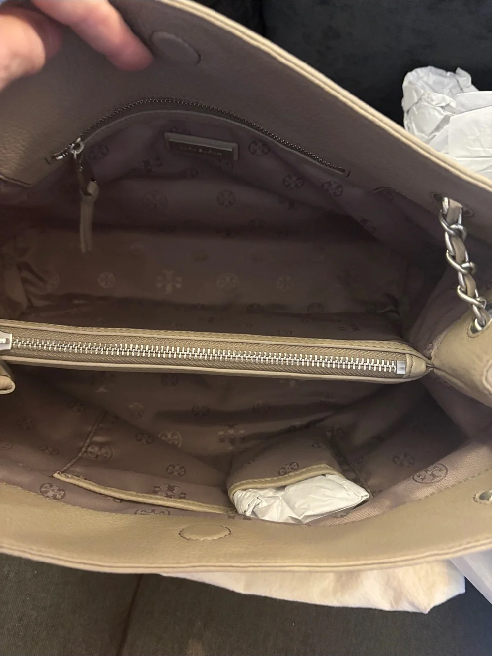 Tory Burch Pebbled Leather Chain-Handle Tote in Taupe